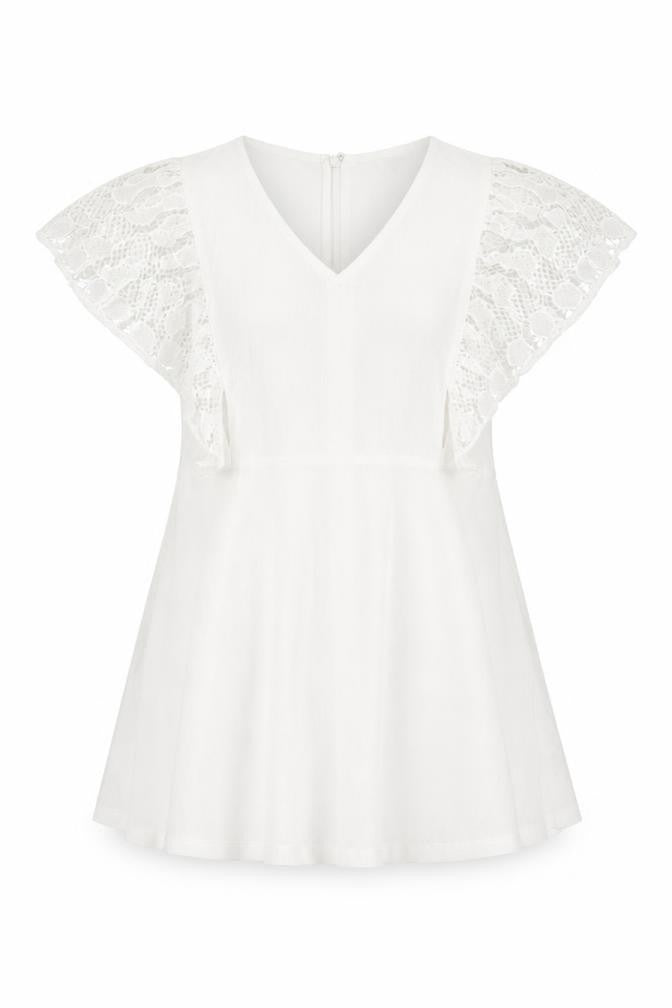 French Connection Women White Cotton A-Line Dress M Short Sleeve V-Neck