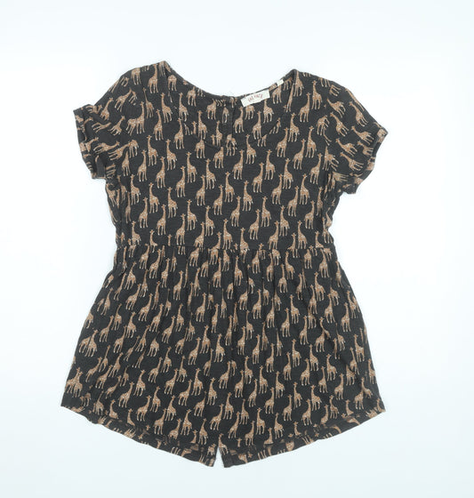 Fat Face Women’s Black Animal Print Blouse UK 8 Short Sleeve