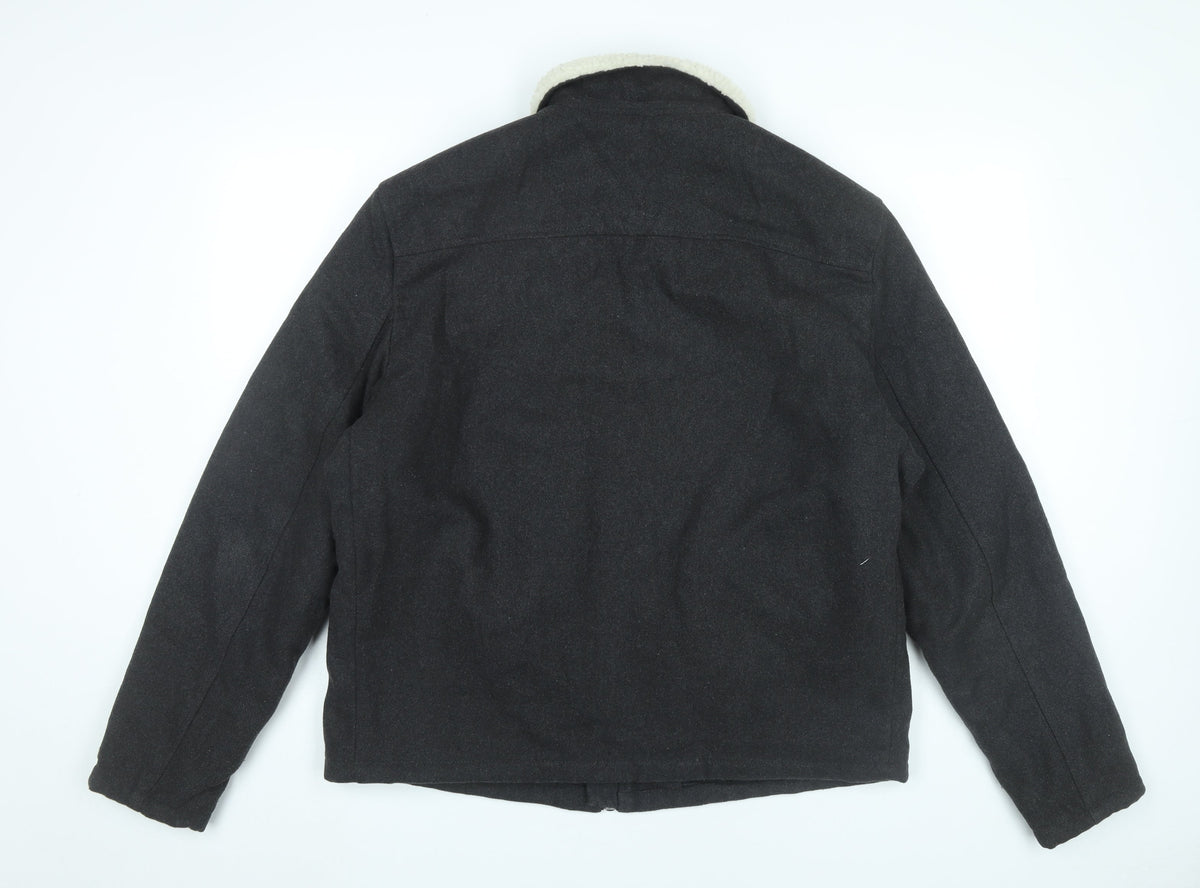 New Look Men Black L Bomber Jacket Wool Blend Faux Shearling Collar