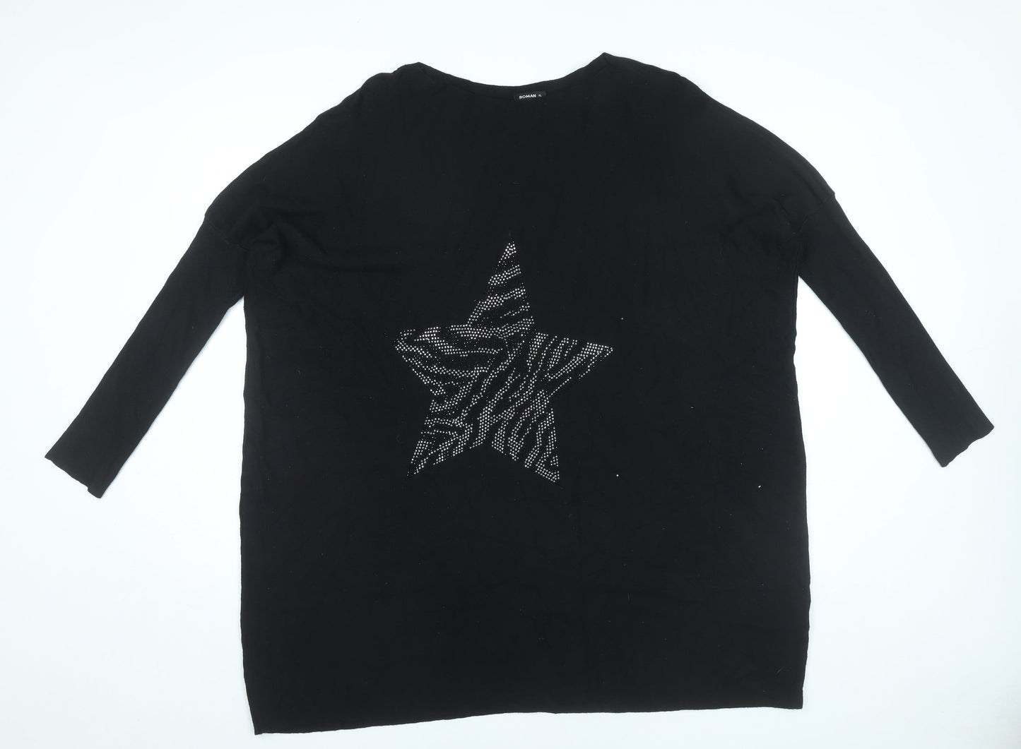 Roman Womens Black XL Star Rhinestone Relaxed Pullover Jumper