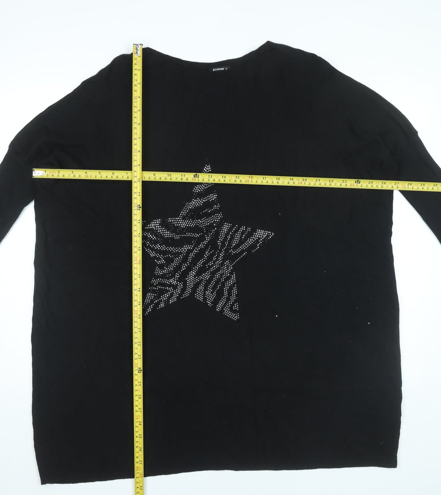 Roman Womens Black XL Star Rhinestone Relaxed Pullover Jumper