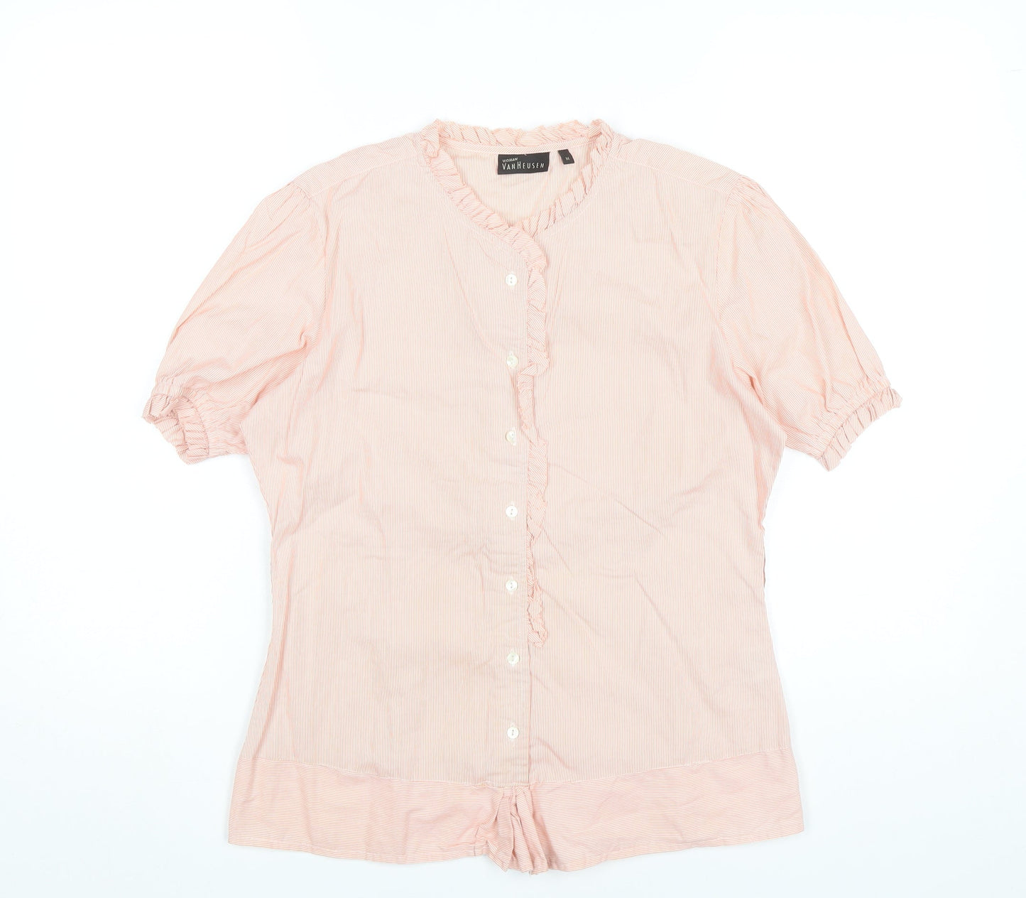Van Heusen Women Pink Striped Cotton Blouse M Short Sleeve