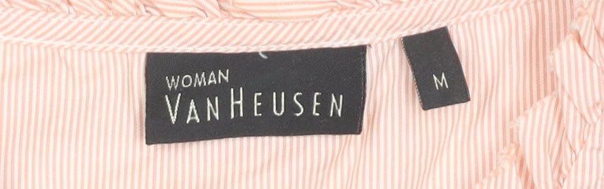 Van Heusen Women Pink Striped Cotton Blouse M Short Sleeve