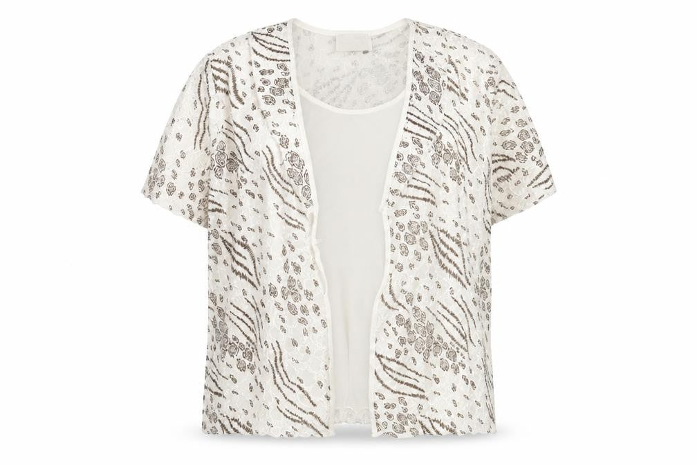 Jordama Women’s Beige Animal Print Lace Kimono Blouse L