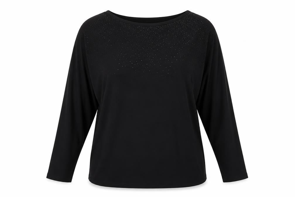 Hallhuber Women Black M Rhinestone Blouse 3/4 Sleeve Boat Neck