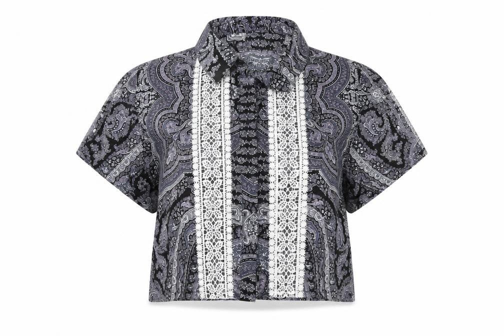 Hearts & Bows Womens Black Paisley Crochet Blouse M Cropped Short Sleeve