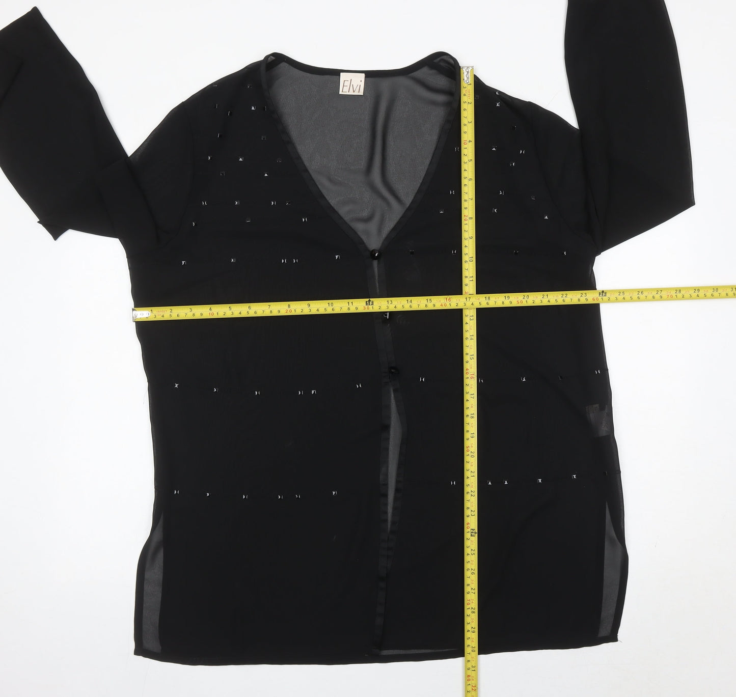 Elvi Women’s Black Beaded Tunic Blouse Size 16 V-Neck 3/4 Sleeve
