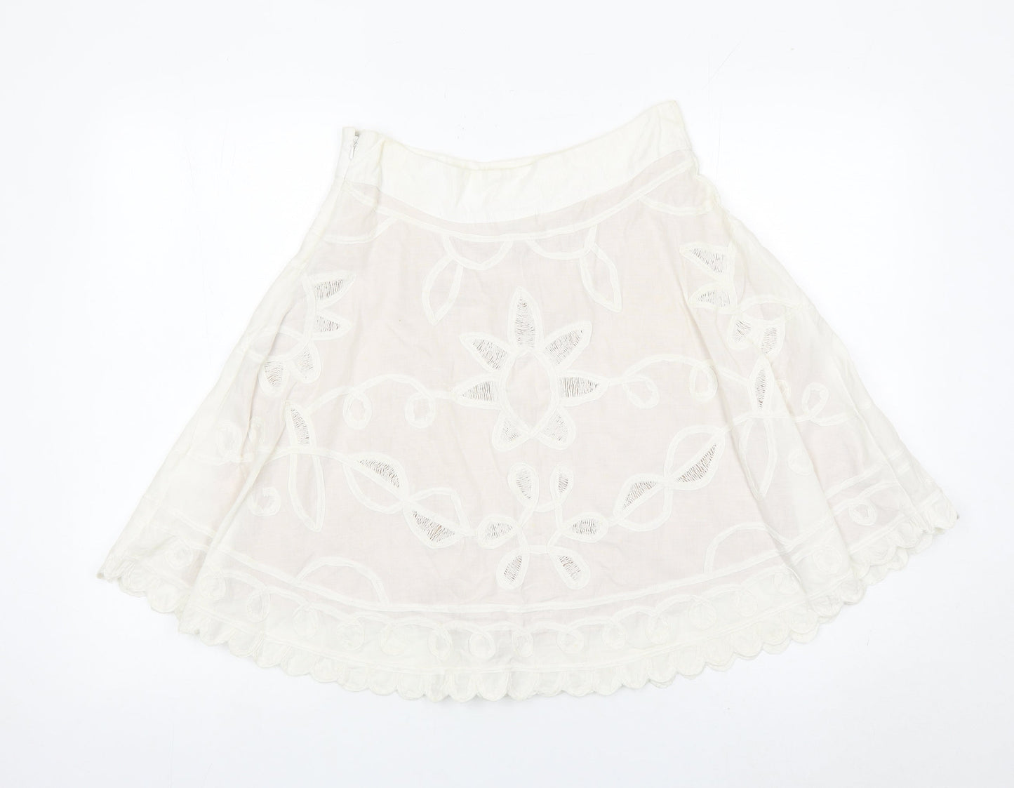 Reiss Women’s Ivory A-Line Embroidered Cotton Skirt Size 8