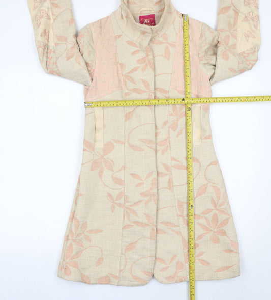 Cream Womens Beige Butterfly Floral Coat Size 6 Long Sleeve Overcoat