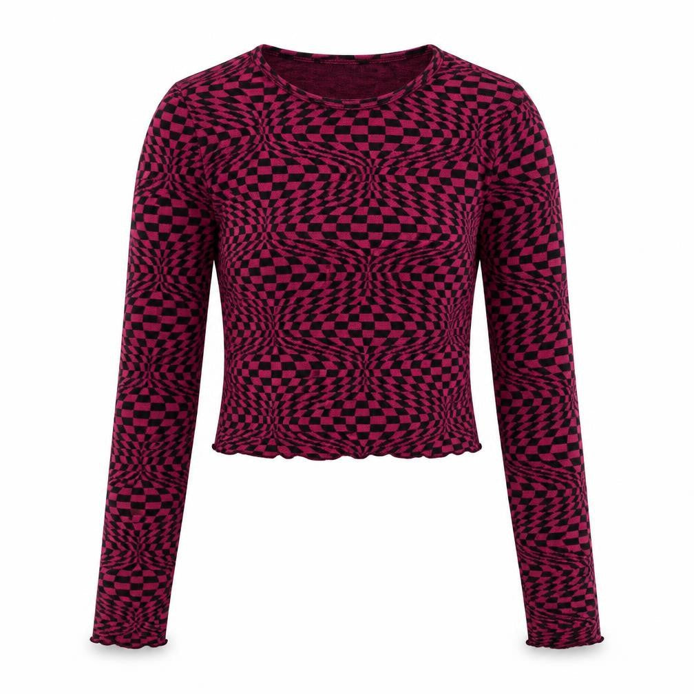 Urban Outfitters Women’s XS Pink Check Slim Fit Cropped Long Sleeve Top