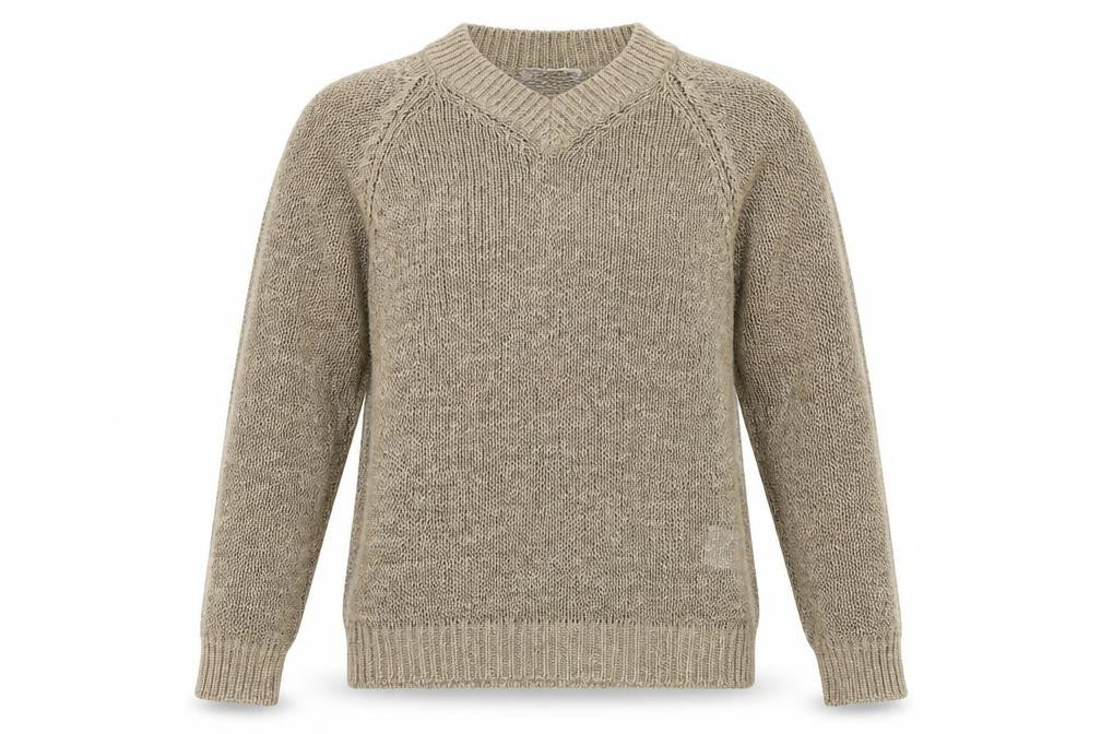 Front view of Oui Women’s Beige V-Neck Open-Knit jumper, size UK 12