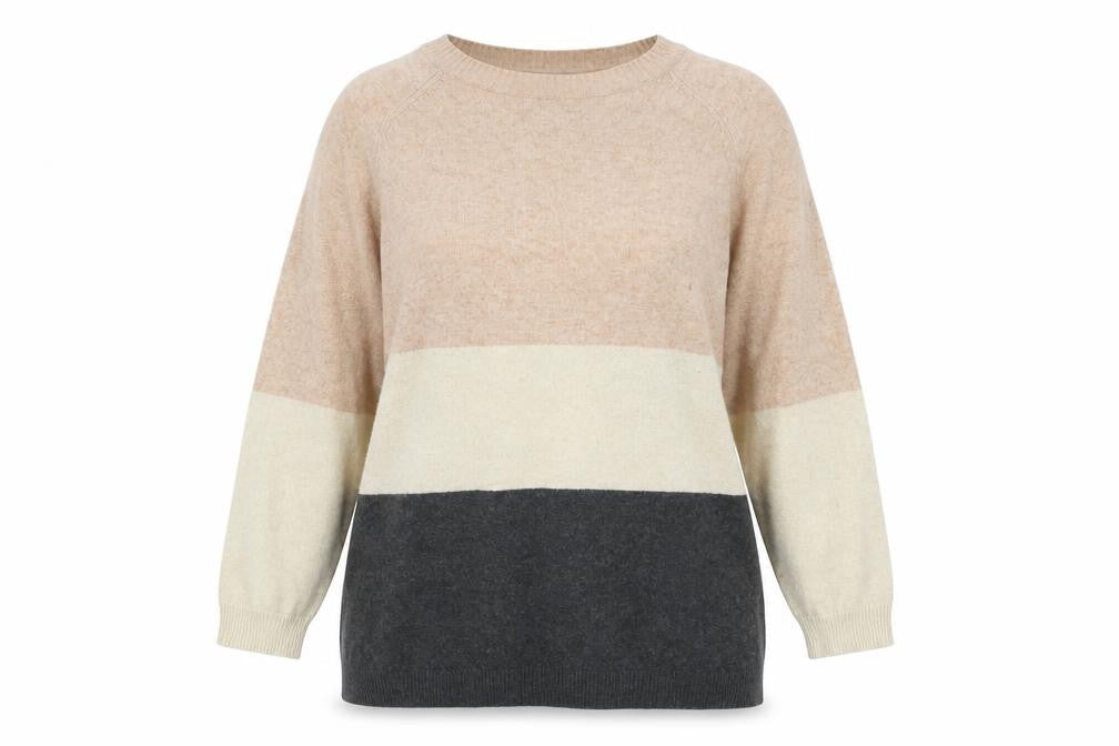 Front view of Only women’s xl beige grey stripe knit jumper crew neck pullover