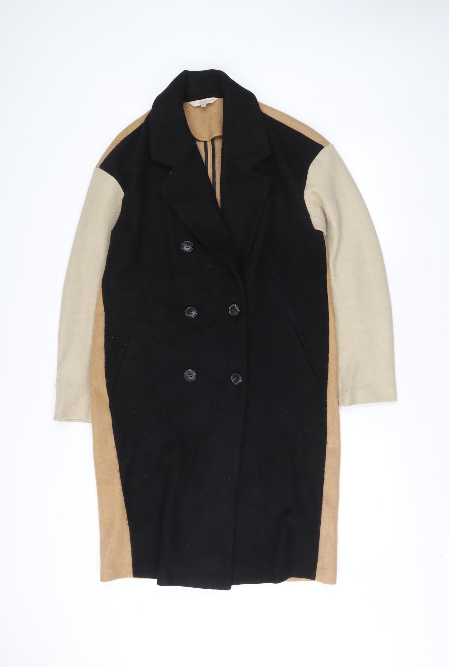 Next Womens Black Beige Coat Size 10 Long Overcoat Buttoned
