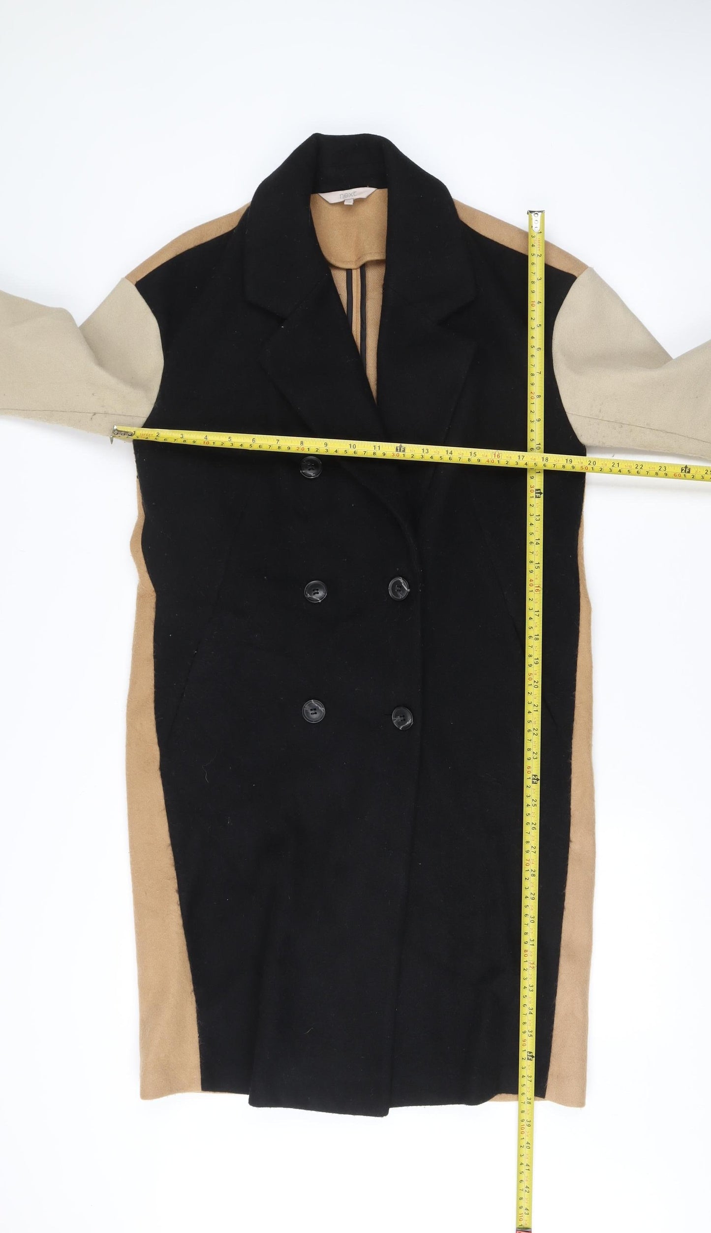 Next Womens Black Beige Coat Size 10 Long Overcoat Buttoned