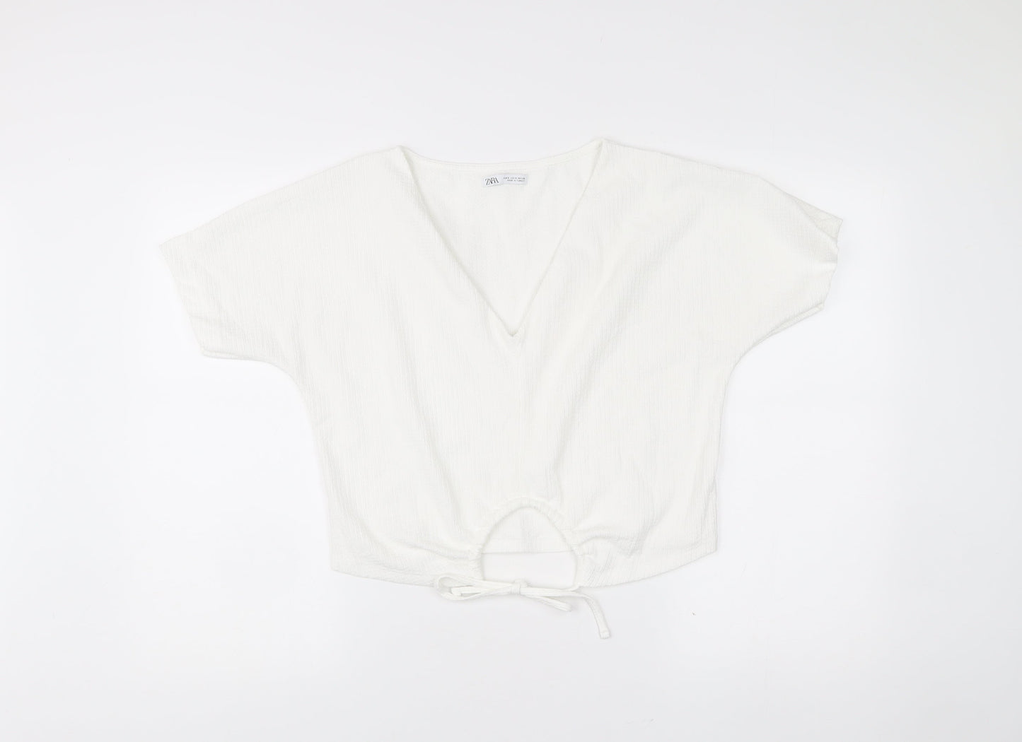 Zara Womens White Cropped V-Neck Tie Blouse Size S