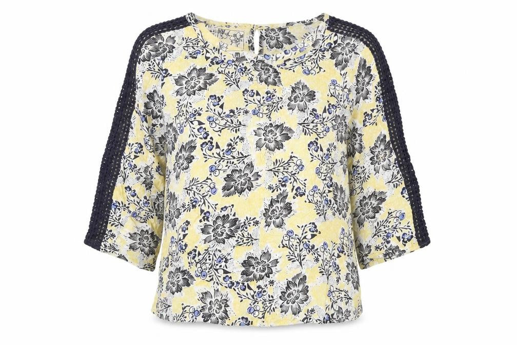 M&Co Women’s Yellow Floral Crochet 3/4 Sleeve Tunic Blouse Size 14