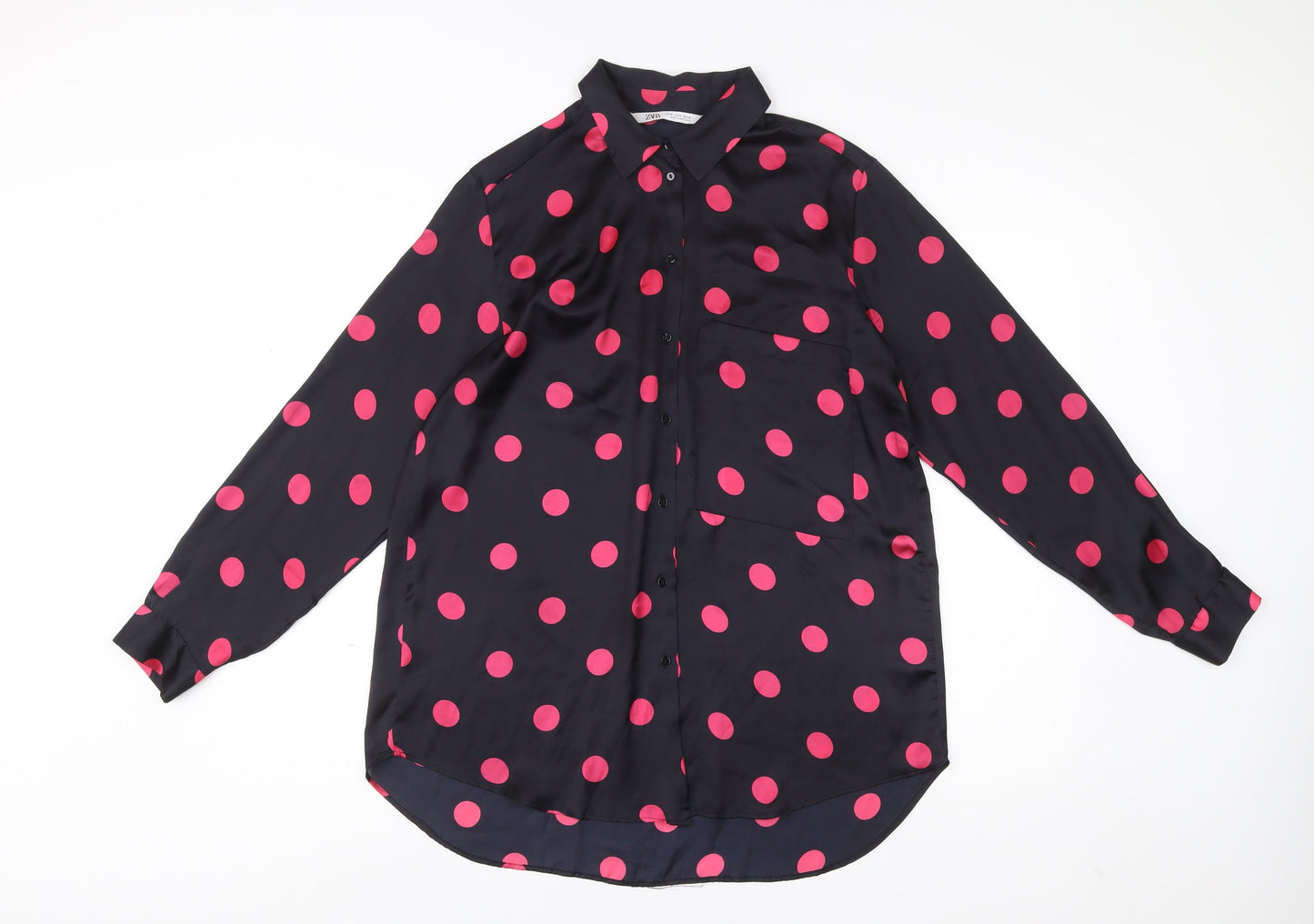 Zara Women Black Polka Dot Button-Up Blouse Size M Long Sleeve