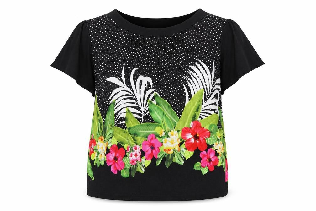Afibel Women’s Black Floral Tunic Top Size 16/18 Viscose Blend