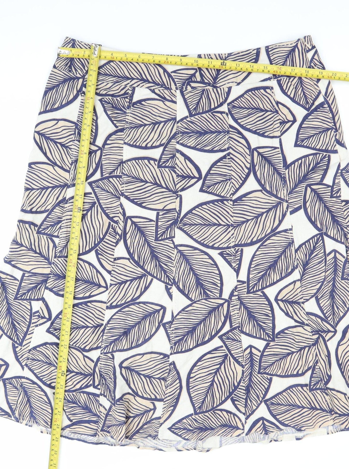 EWM Womens Blue Beige Leaf Print A-Line Skirt Size 14 Linen Blend