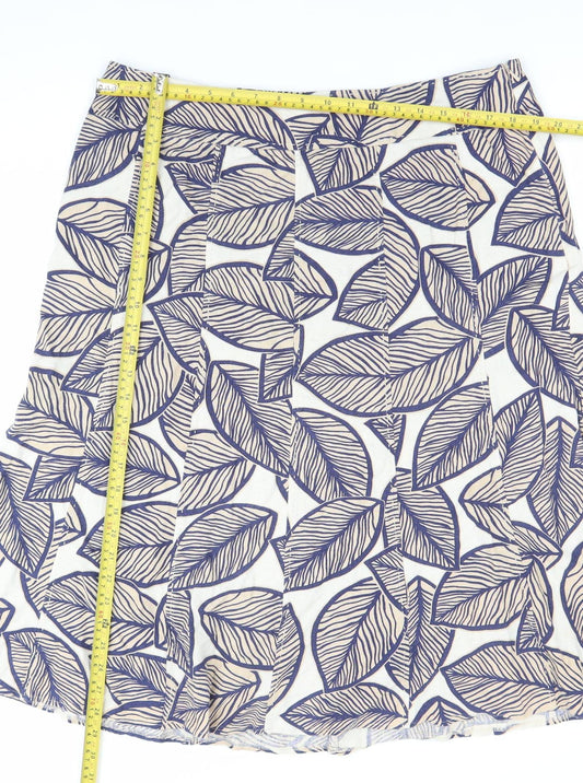 EWM Womens Blue Beige Leaf Print A-Line Skirt Size 14 Linen Blend