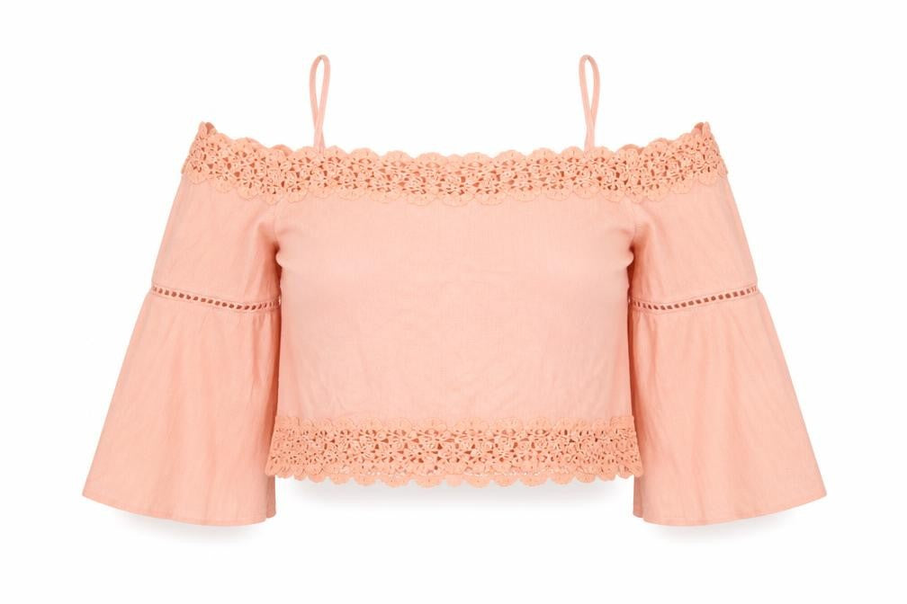 Topshop Women’s Pink Crochet Cropped Blouse Size 10 Off Shoulder