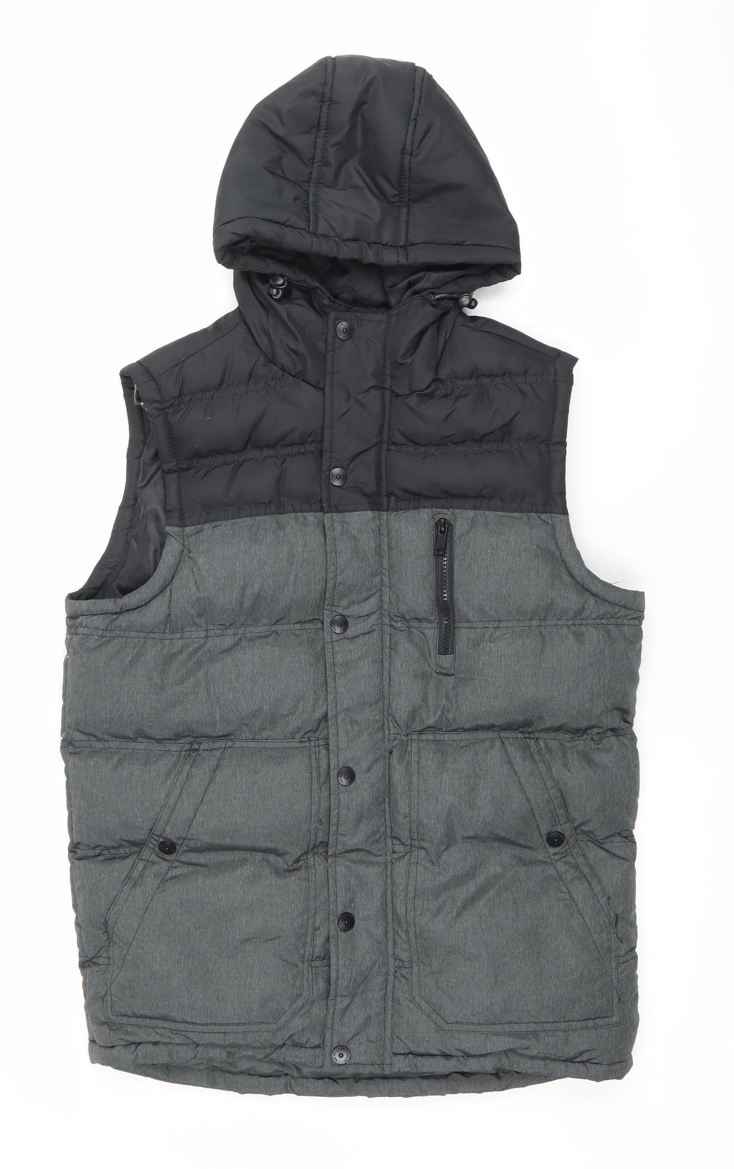 IND/076 Mens Black Grey Puffer Hooded Waistcoat S Quilted