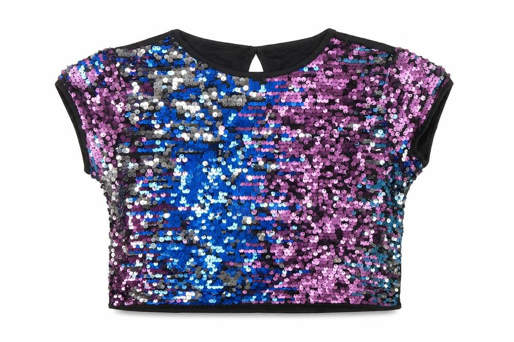 Front view of Miss Evie girls’ multicoloured sequin cropped party t-shirt 9-10 years