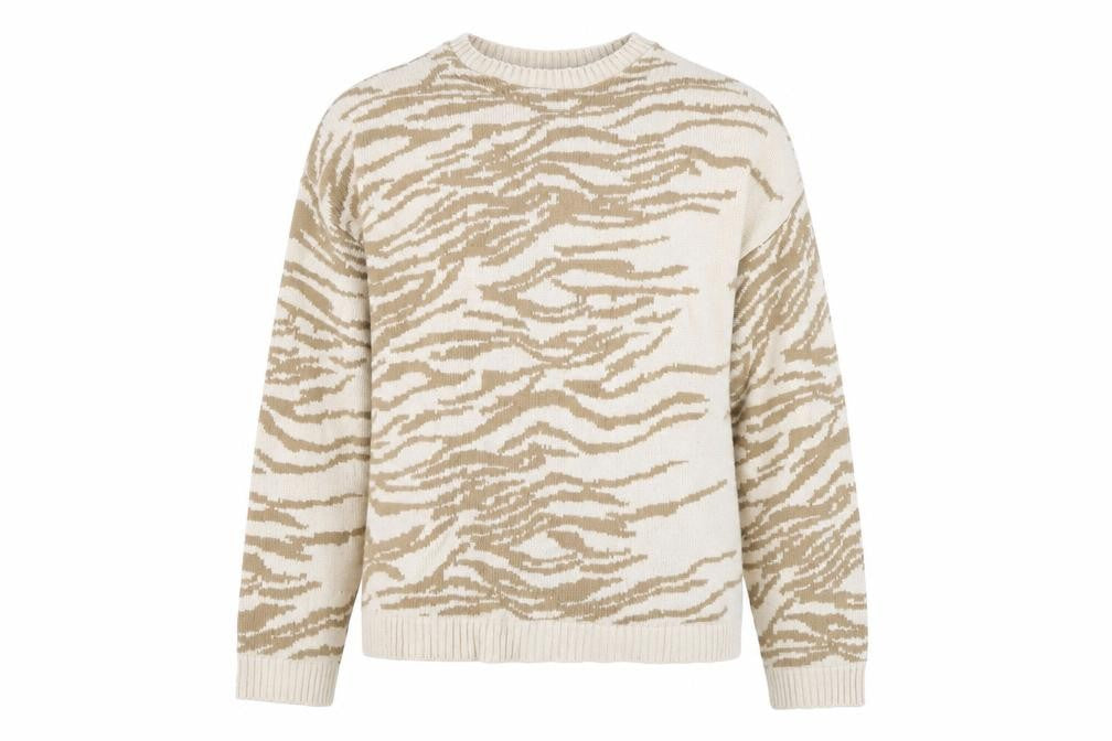 Front view of ASOS Women’s Beige Animal Print Jumper, size UK 10, Tall Acrylic Knit