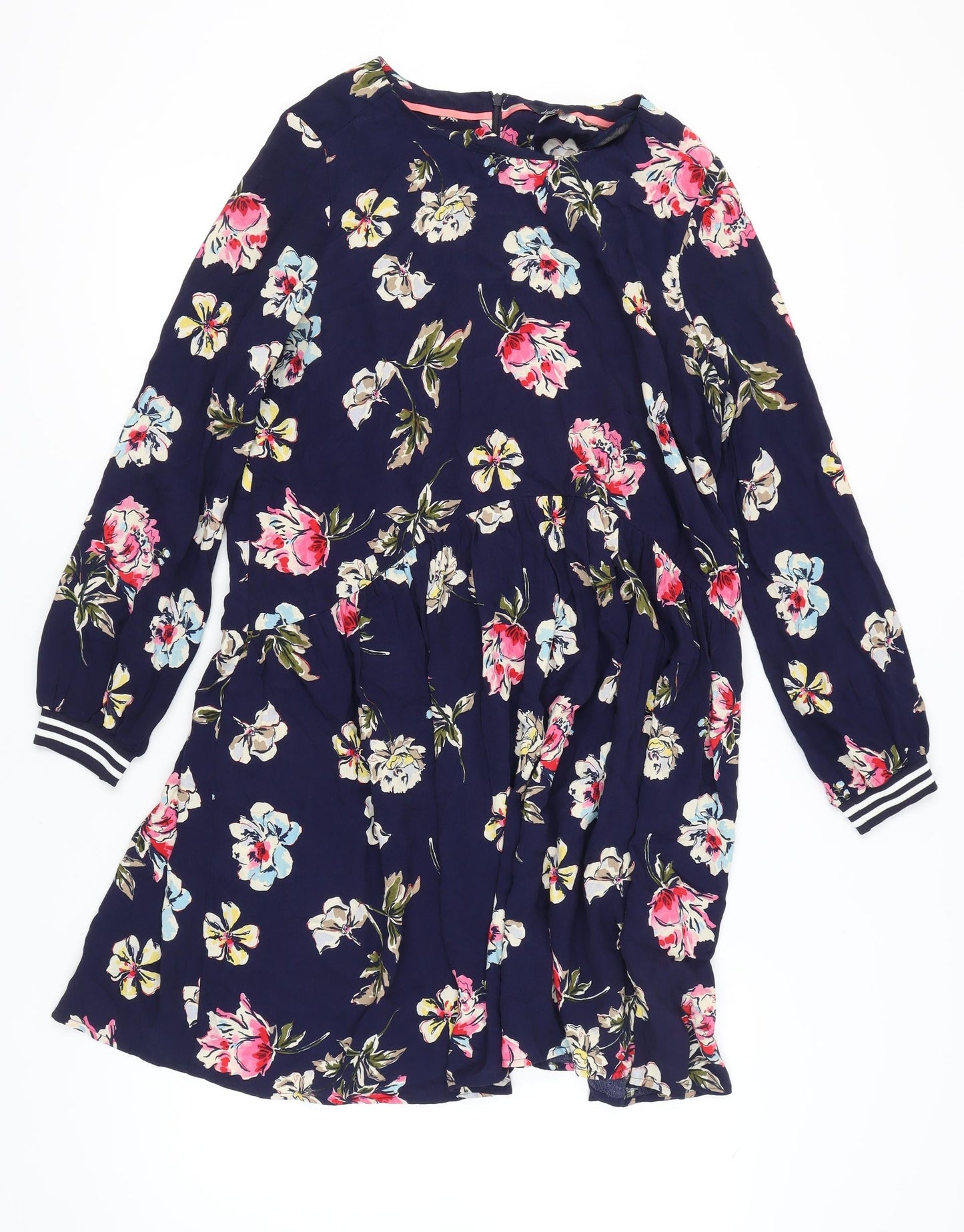 Joules Women Blue Floral A-Line Dress Size 14 Long Sleeve