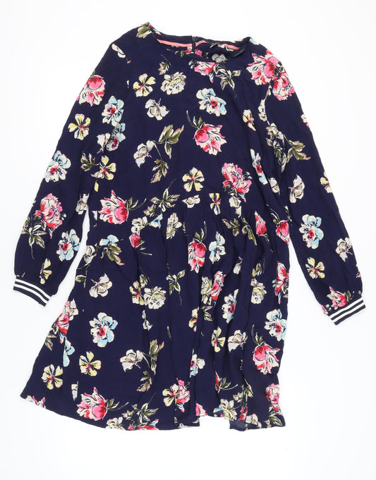 Joules Women Blue Floral A-Line Dress Size 14 Long Sleeve