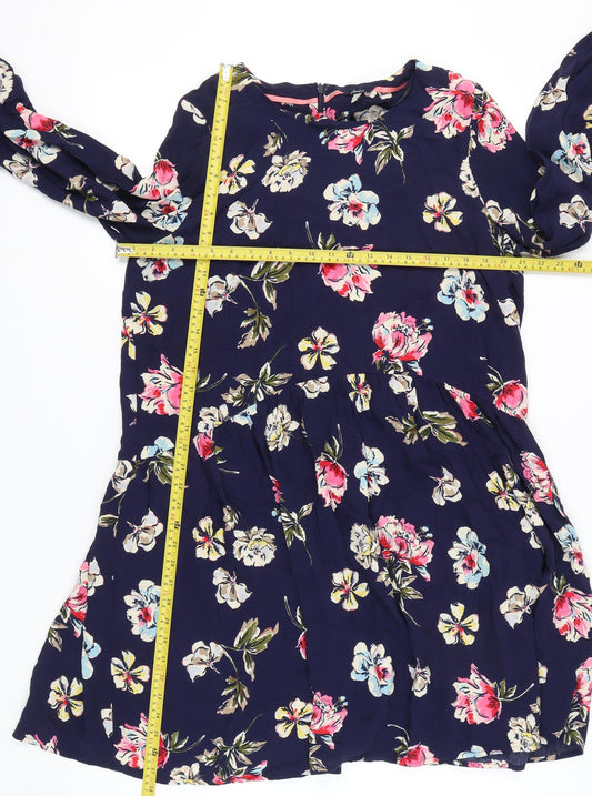 Joules Women Blue Floral A-Line Dress Size 14 Long Sleeve