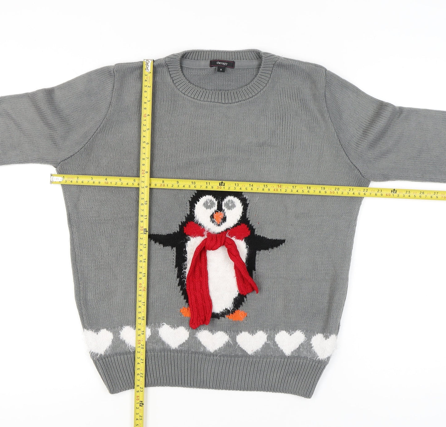 Therapy Women’s Grey Christmas Penguin Jumper Small Crew Neck Knit