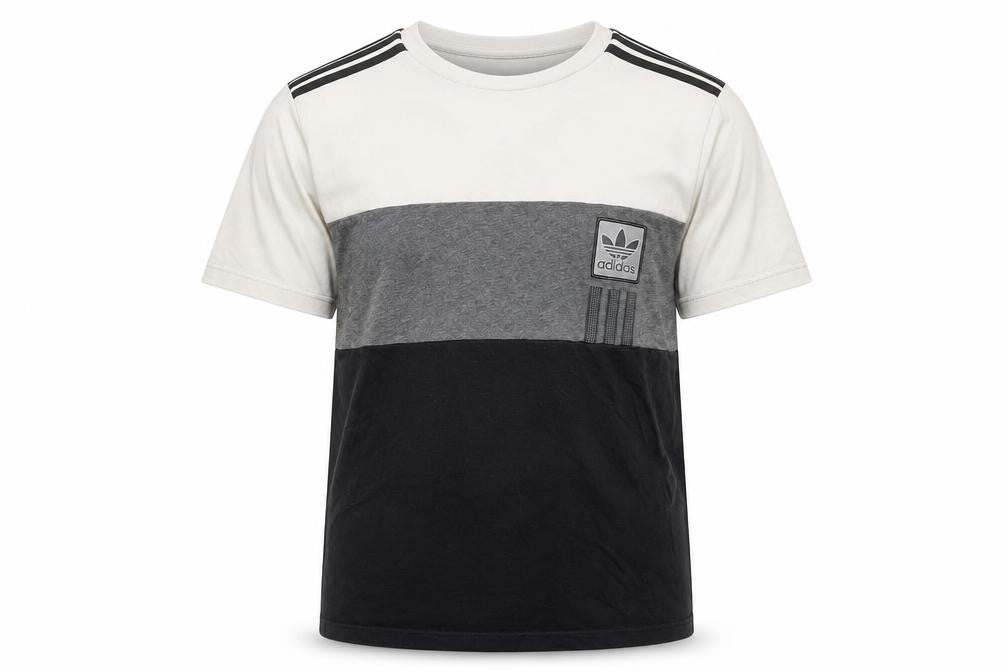 Front view of Adidas boys’ white grey black t-shirt 13-14 years colourblock logo top