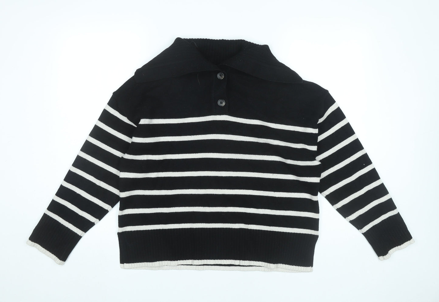 Zara Women Black Striped Collared Pullover Jumper M