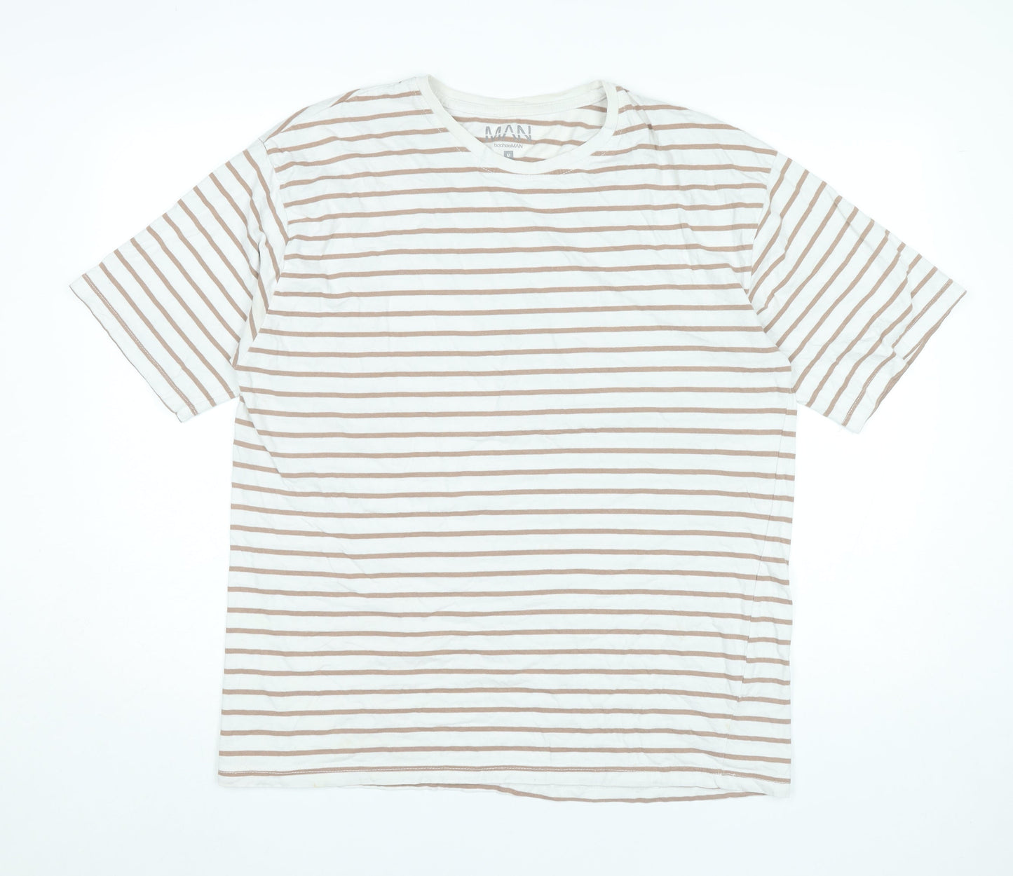 BoohooMAN Men’s White Brown Striped Cotton T-Shirt Size M