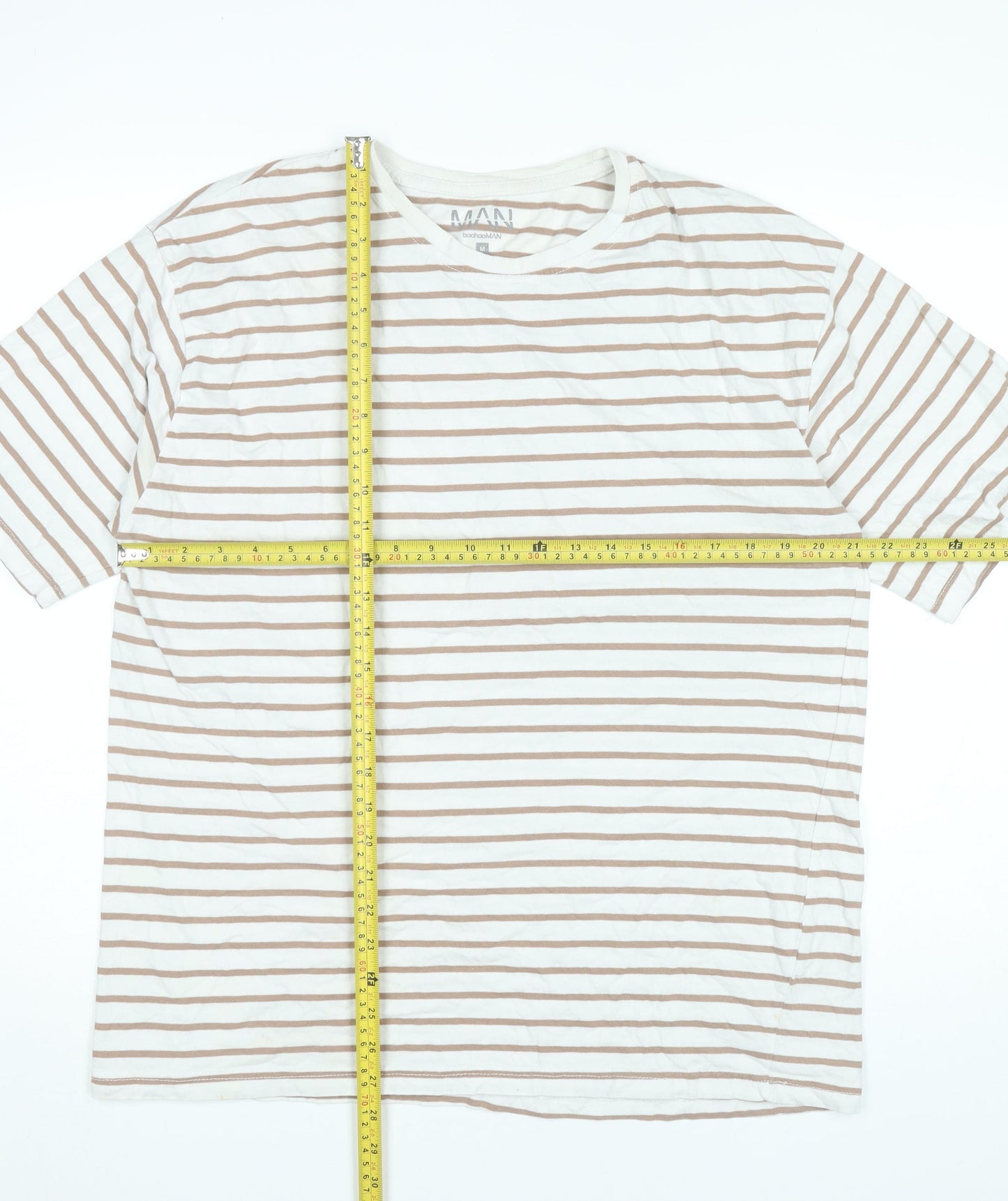 BoohooMAN Men’s White Brown Striped Cotton T-Shirt Size M