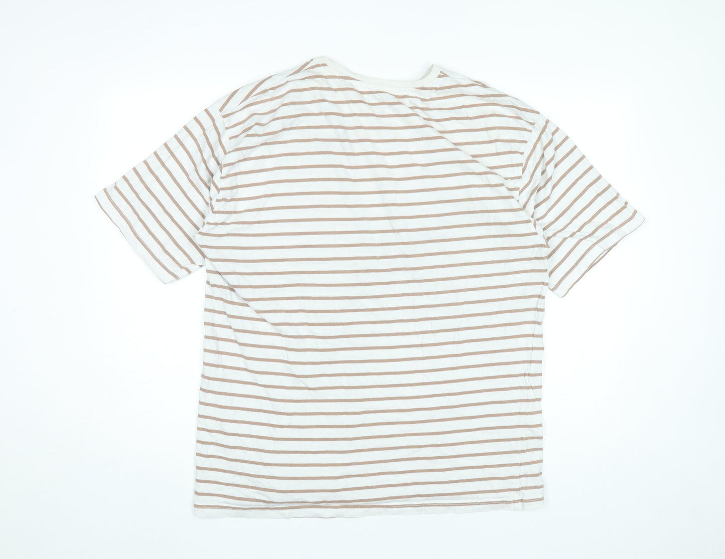 BoohooMAN Men’s White Brown Striped Cotton T-Shirt Size M
