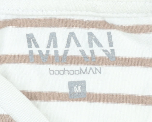 BoohooMAN Men’s White Brown Striped Cotton T-Shirt Size M
