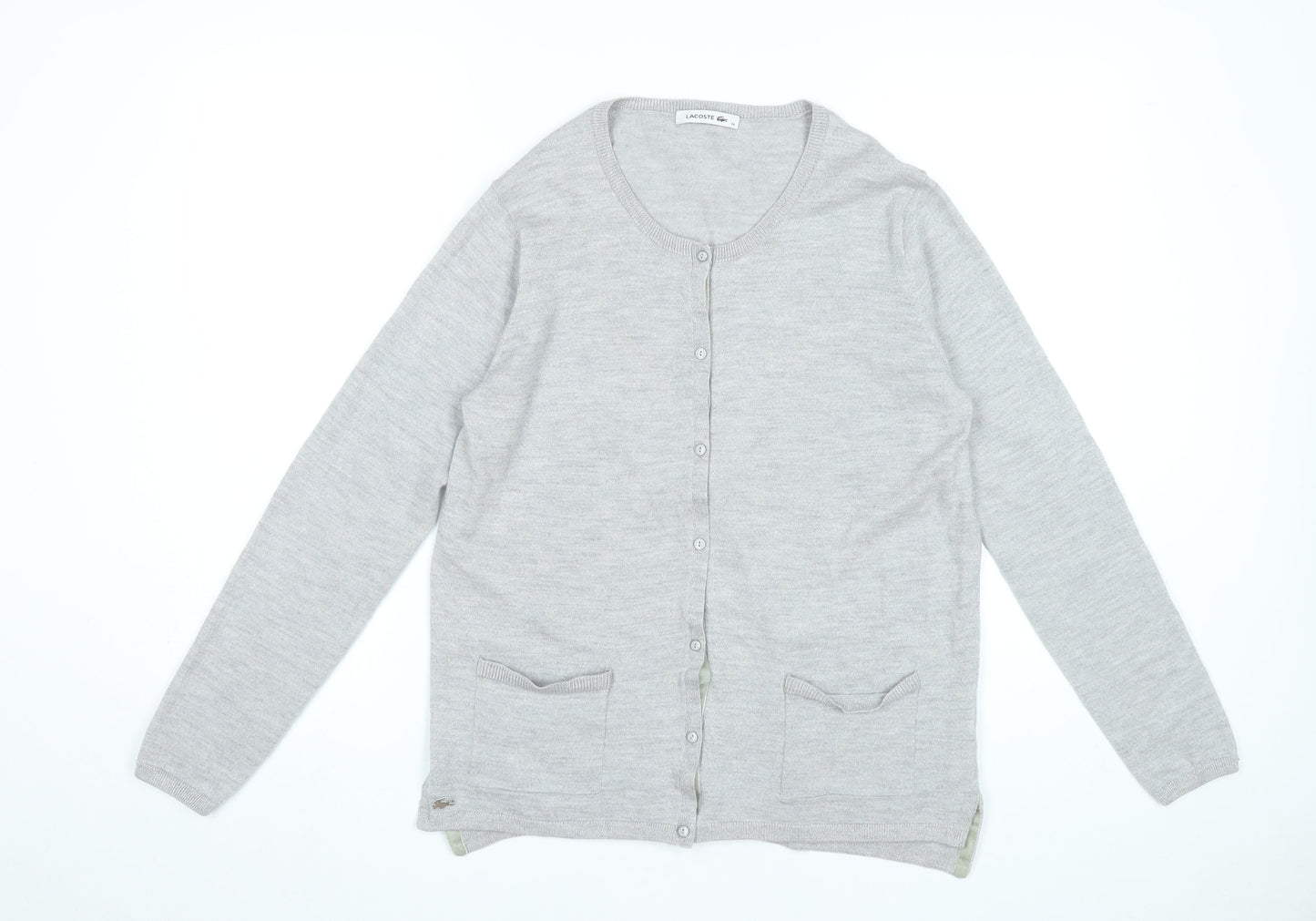 Lacoste Womens Grey Wool Blend Cardigan Size 16 Long Sleeve Knit