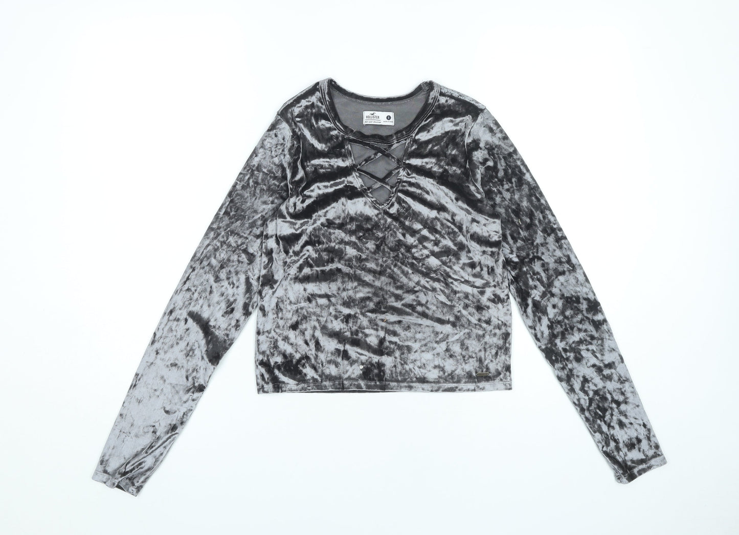 Hollister Women Grey Velvet Slim Fit Cropped Long Sleeve Top S