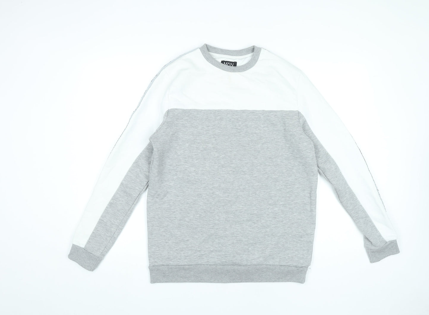 BoohooMAN Mens Grey White Logo Sweatshirt Pullover Medium