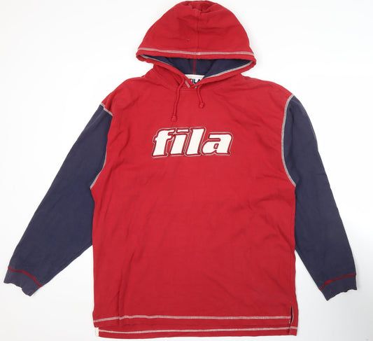 Fila Mens Red Navy Pullover Hoodie L Logo Sportswear Vintage