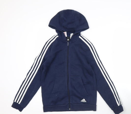 Adidas Boys Blue Full Zip Hoodie 11-12Y Fleece Long Sleeve Sportswear