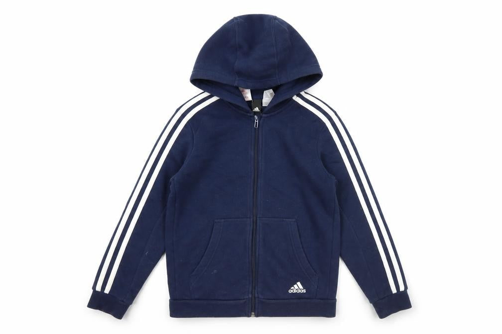Front view of Adidas boys’ blue full zip hoodie 11-12y fleece long sleeve sportswear