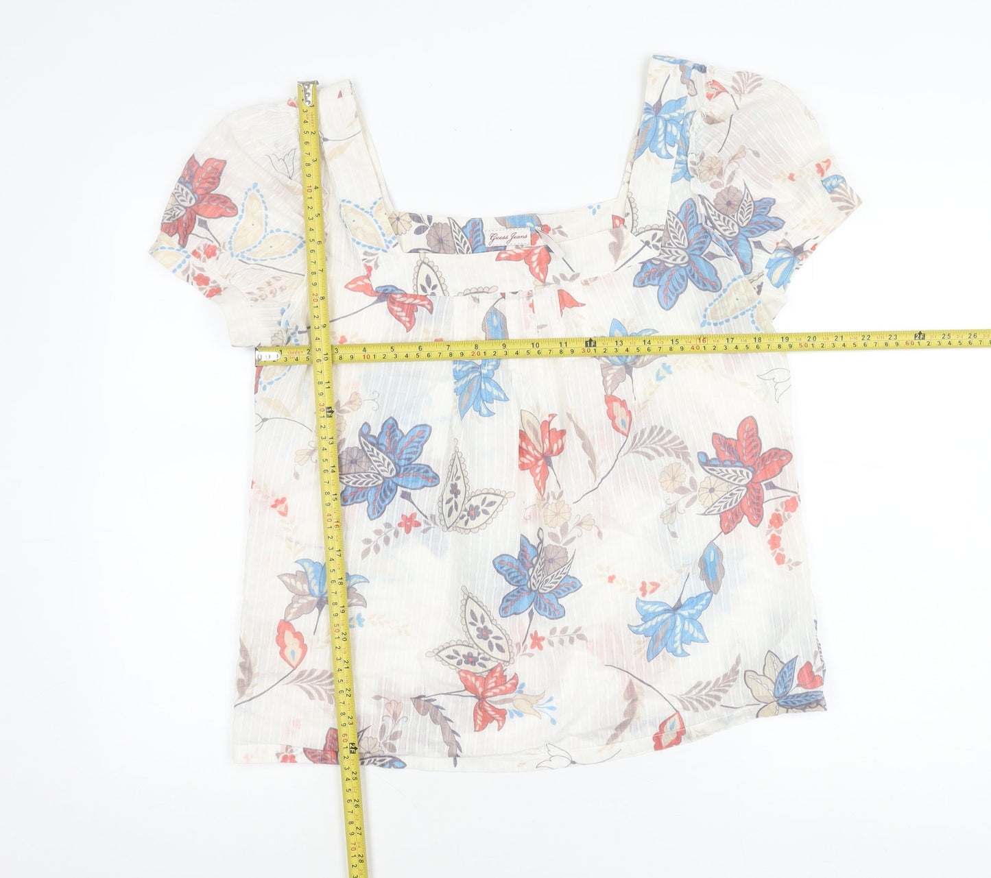 Guess Jeans Womens Multicoloured Floral Peasant Blouse Size L Short Sleeve