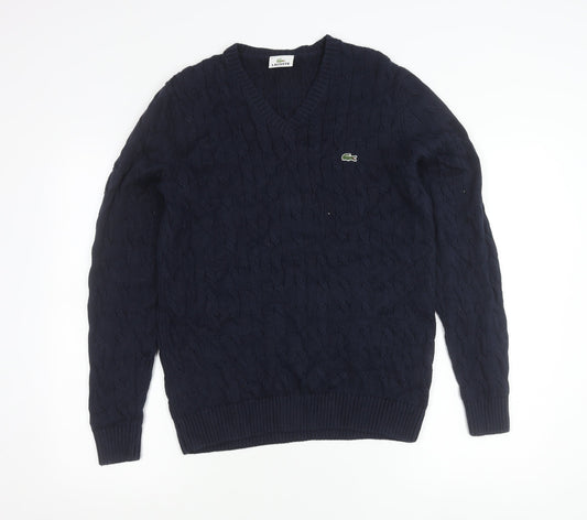 Lacoste Women’s Blue Cotton V-Neck Cable Knit Jumper M