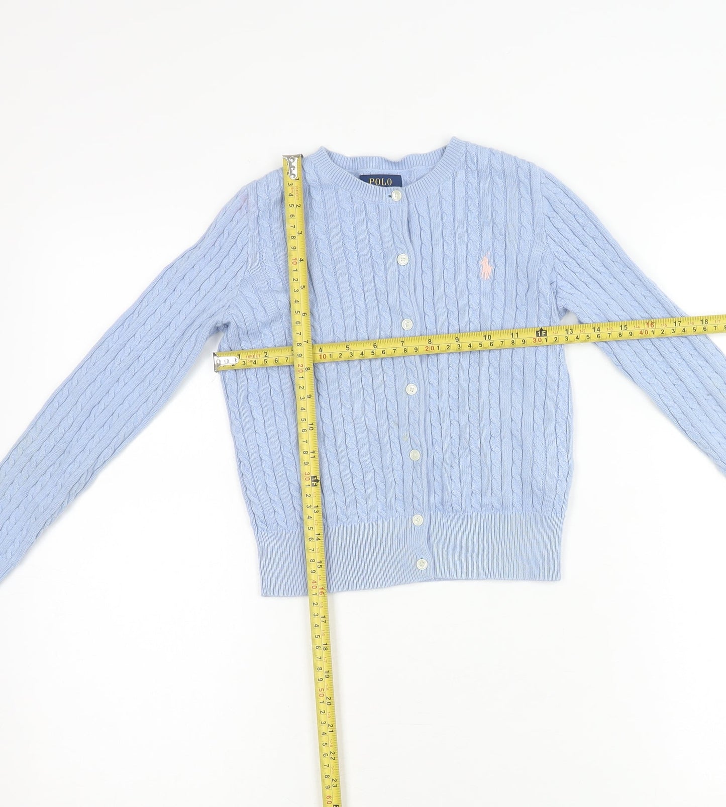 Ralph Lauren Girls Blue Cotton Cable Knit Cardigan Jumper Age 7 Years