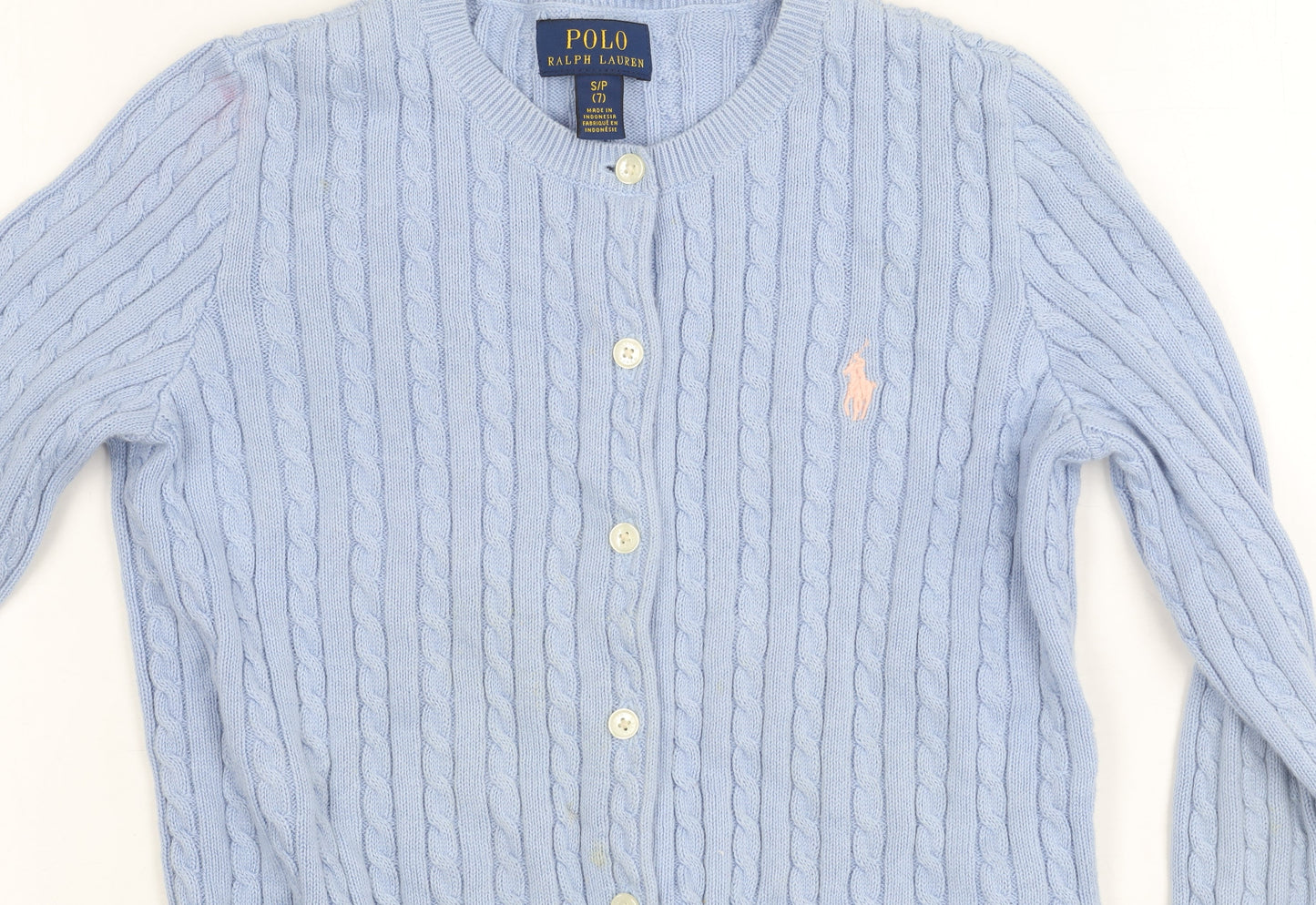 Ralph Lauren Girls Blue Cotton Cable Knit Cardigan Jumper Age 7 Years