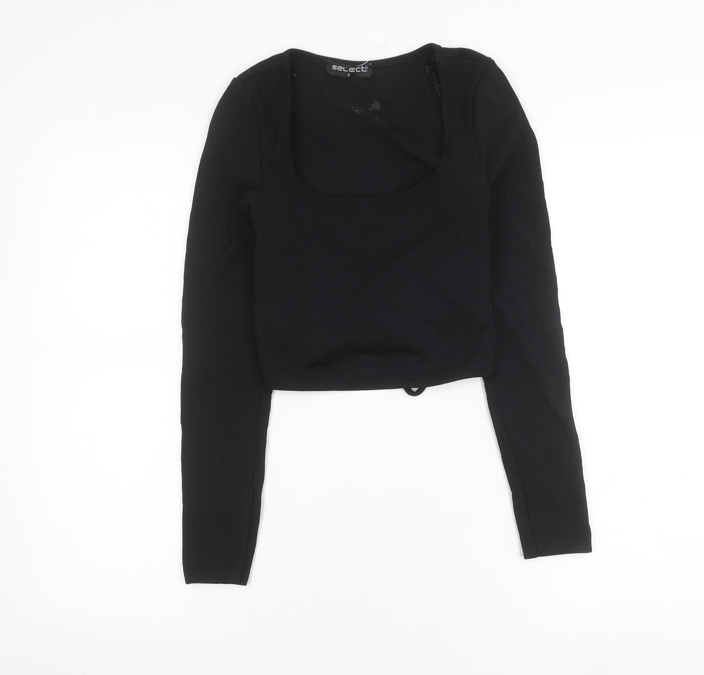 Select Women Black S Cropped Wrap Long Sleeve Square Neck Blouse