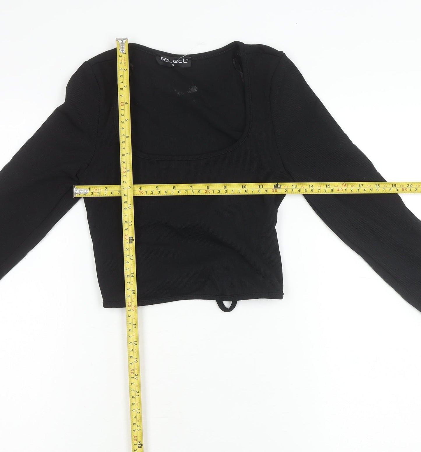 Select Women Black S Cropped Wrap Long Sleeve Square Neck Blouse
